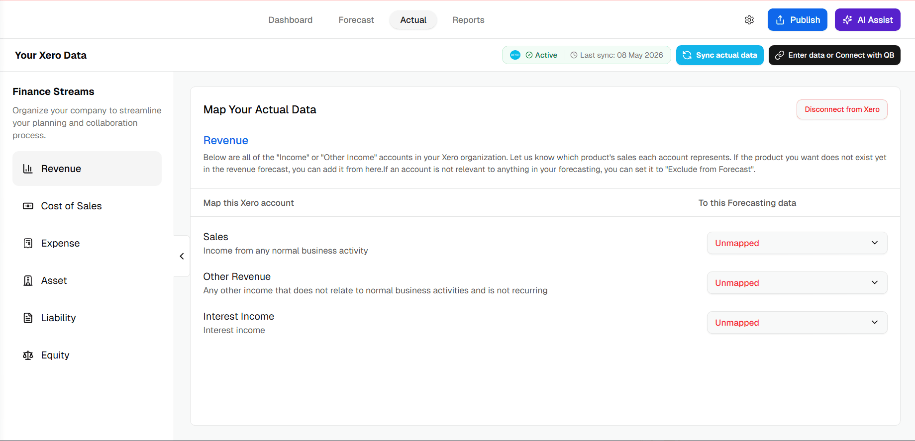 Upmetrics view comparing planned and actual numbers line-by-line