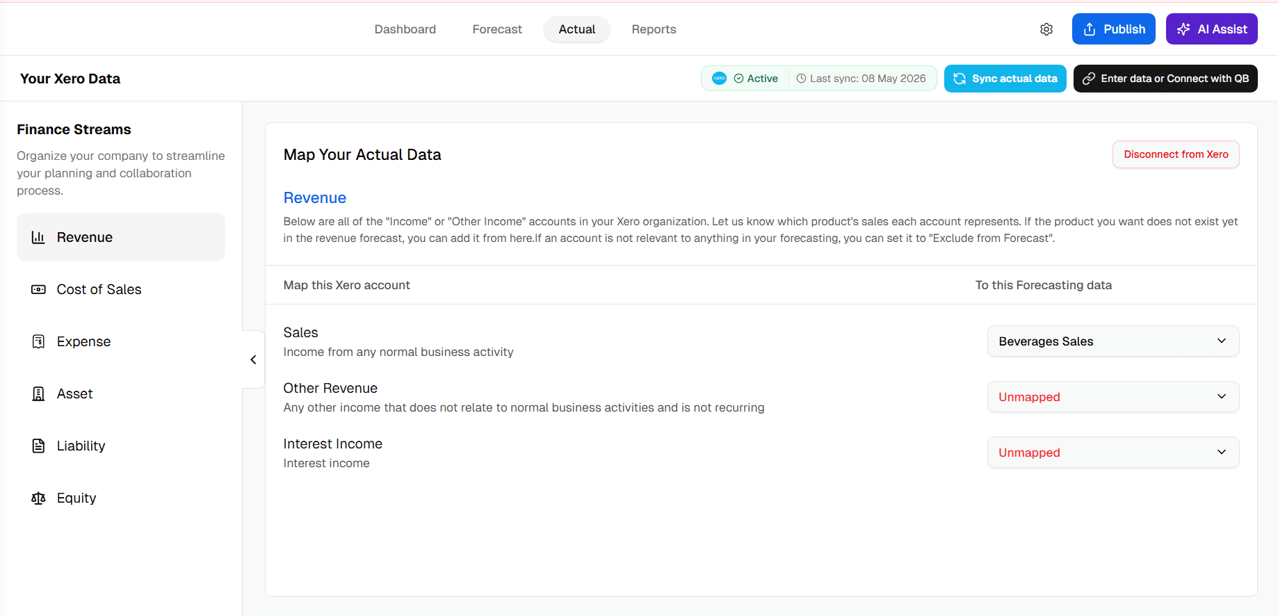 Detailed actuals view with planned figures inside Upmetrics