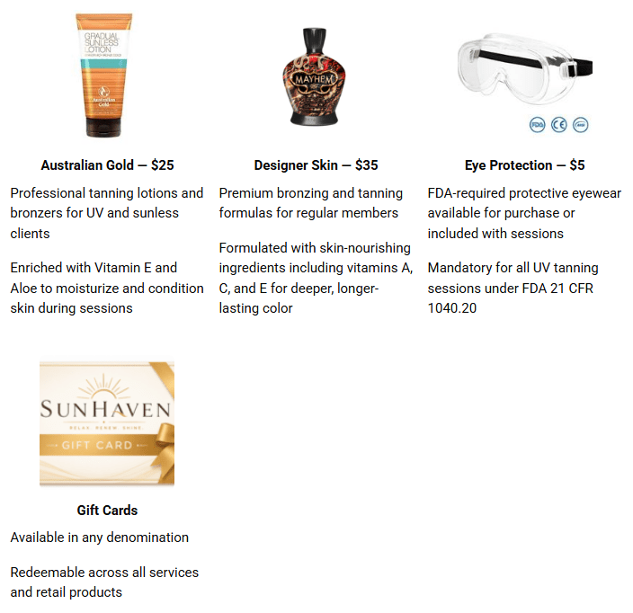 Retail product lineup with tanning lotions, bronzers, eyewear, and gift cards