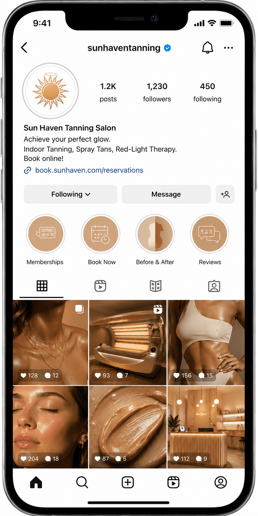Sample Instagram profile mockup for tanning salon acquisition channel