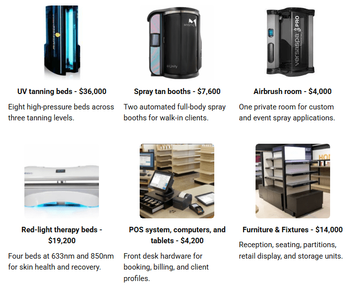 Tanning salon equipment lineup including UV beds, spray booths, and furniture