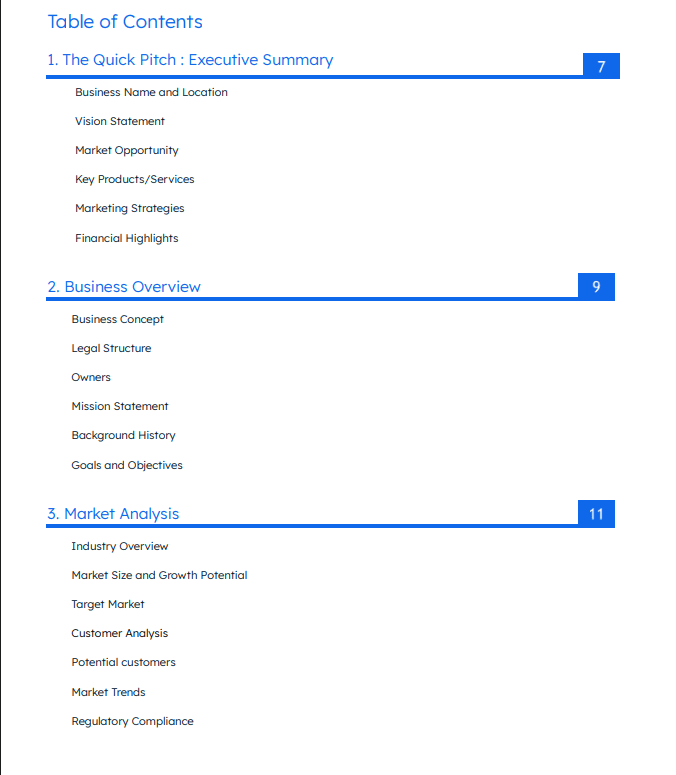 Sample business plan table of contents preview
