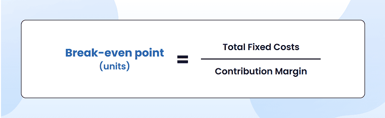 Break-even point in units formula: Total Fixed Costs divided by Contribution Margin