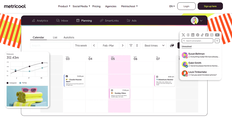 Metricool analytics dashboard for social channels