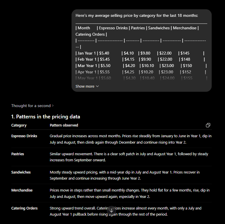 ChatGPT prompt example for building pricing assumptions