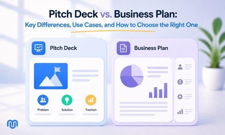 Pitch deck vs business plan side-by-side comparison illustration