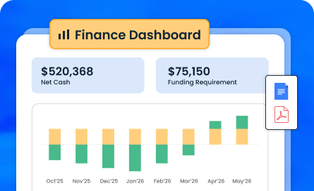 Financial projections dashboard with Doc and PDF export options