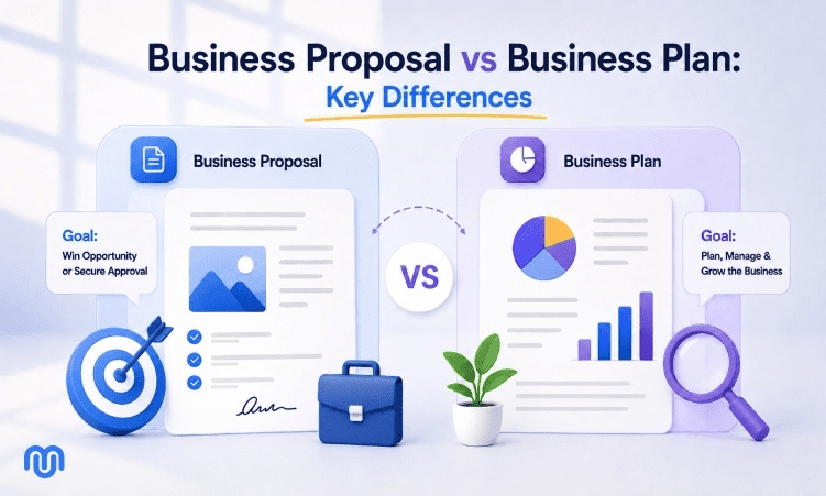 Business proposal vs business plan comparison showing goals and document structure