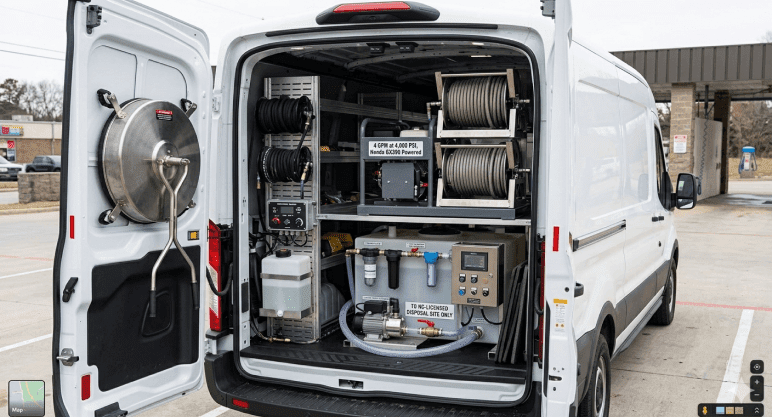 Equipment and vehicle setup overview for pressure washing operations