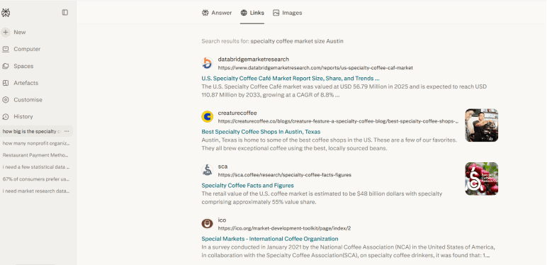 Perplexity interface for source-backed market research