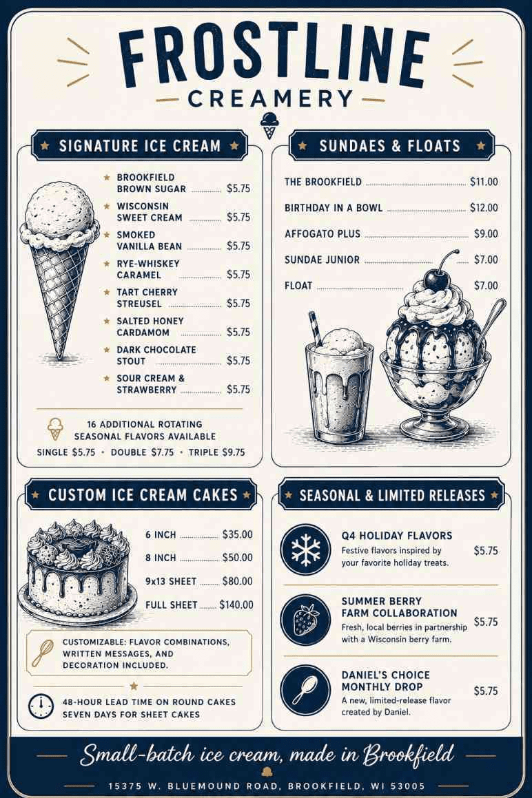 Ice cream shop menu offerings and pricing