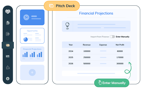Pitch deck pulling financial data from the business plan