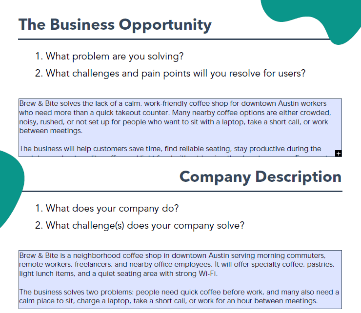 Coffee shop example showing business opportunity and company description sections