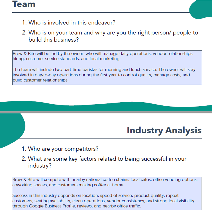 Coffee shop example showing team and industry analysis sections