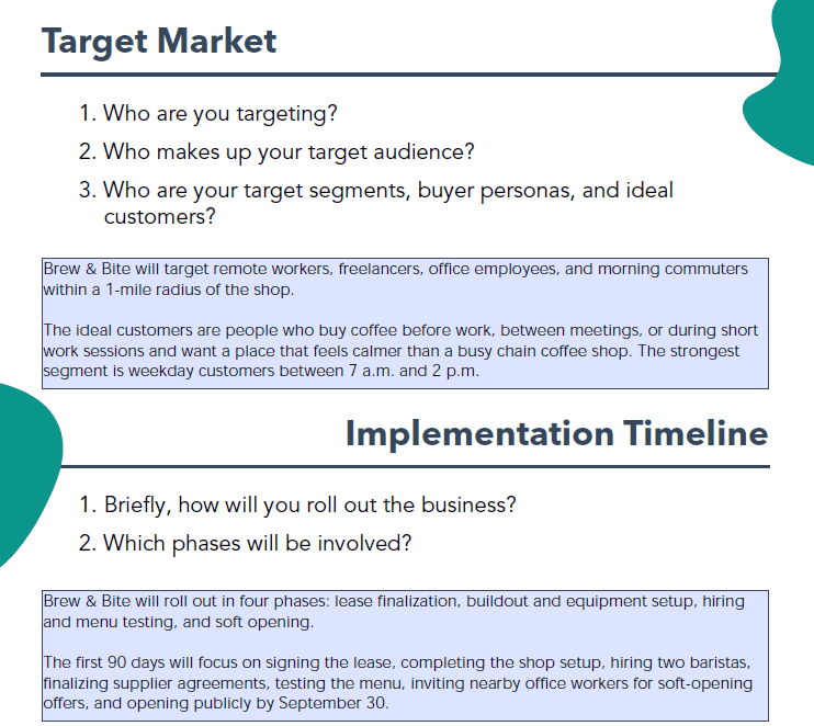 Coffee shop example showing target market and implementation timeline sections