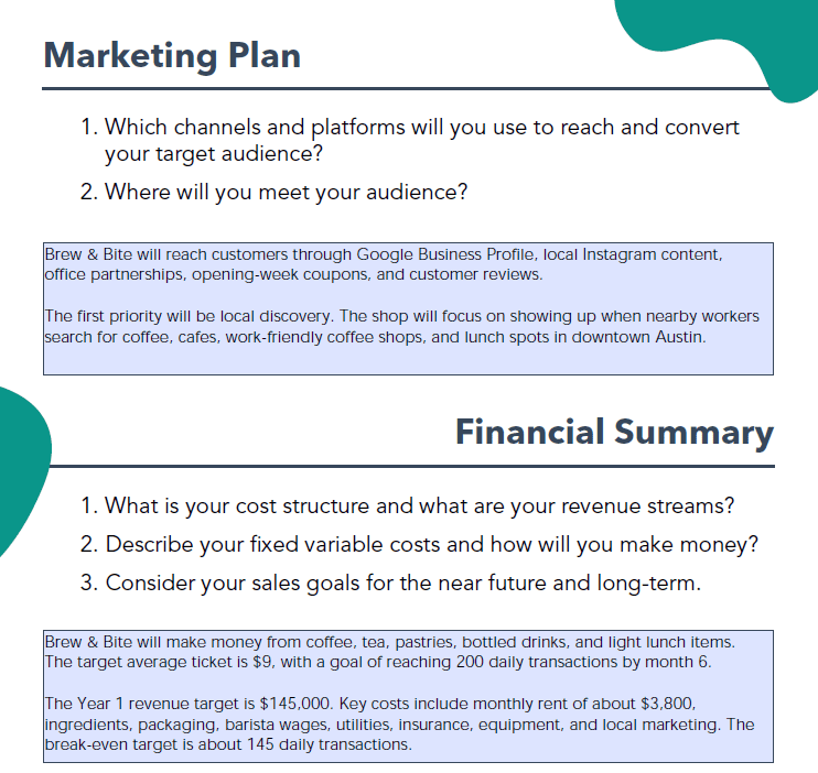 Coffee shop example showing marketing plan and financial summary sections