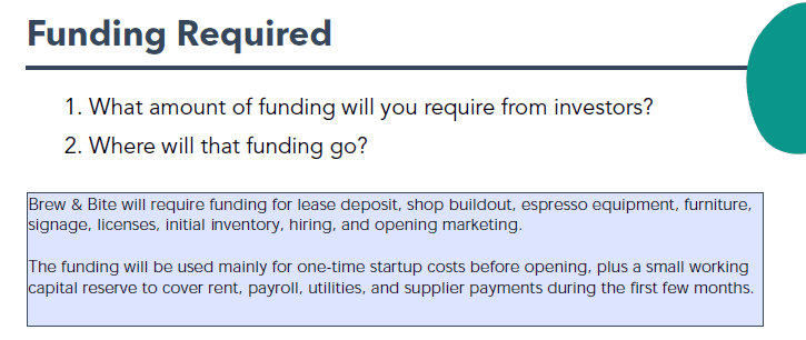 Coffee shop example showing the funding required section