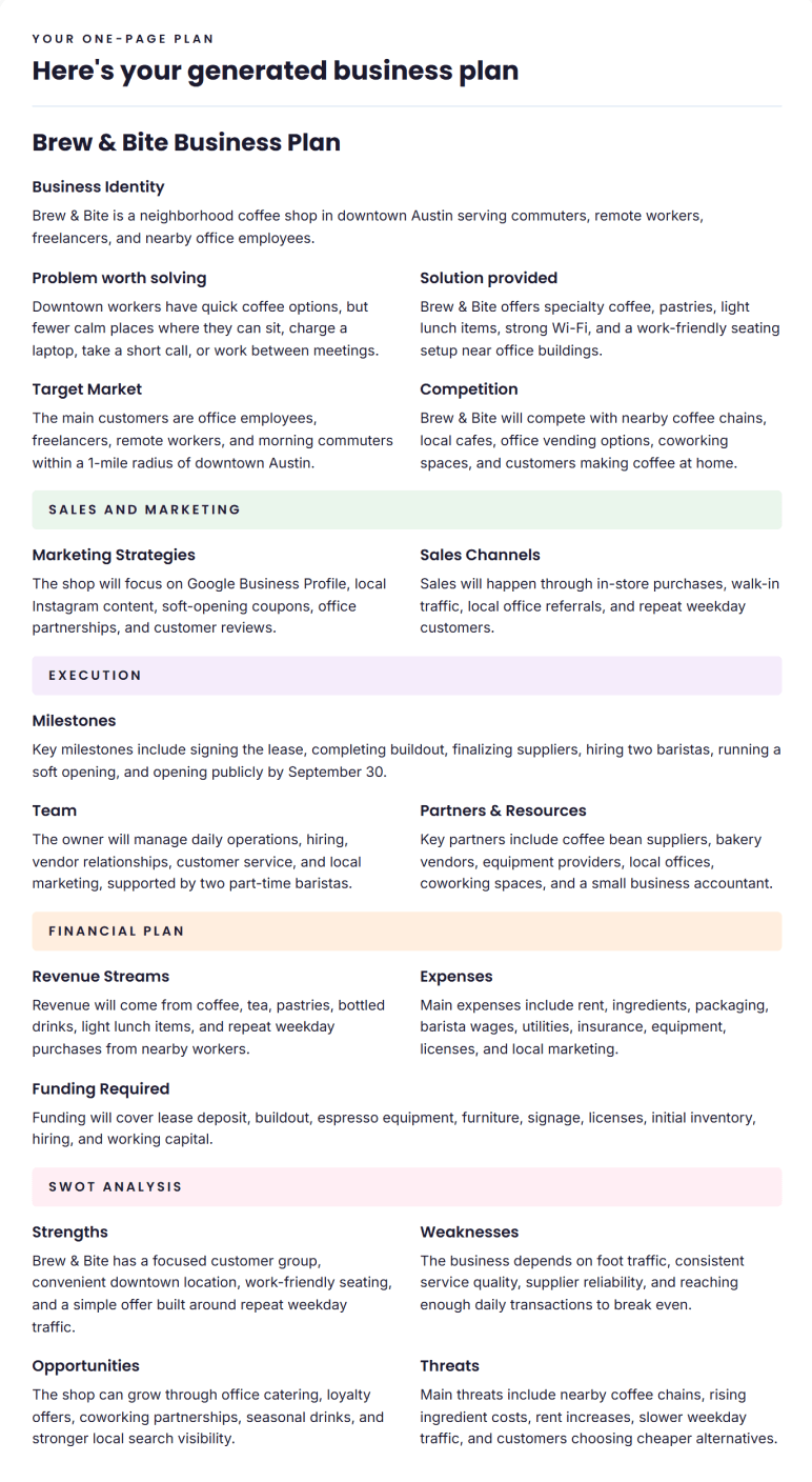 One page business plan example