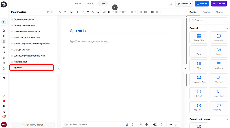 Adding an appendix to a business plan in the Upmetrics builder