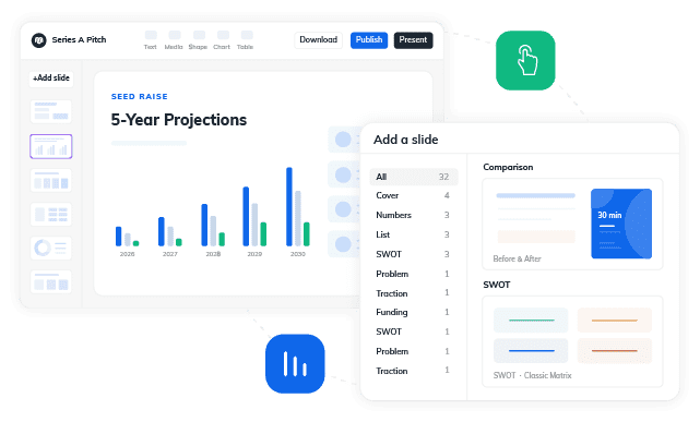 Full design editor with drag and drop slide layouts