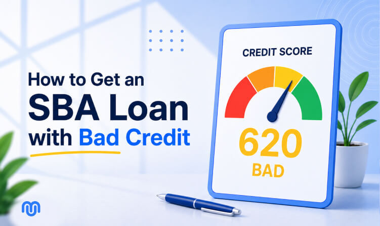 How to get an SBA loan with bad credit featured graphic with 620 credit score gauge