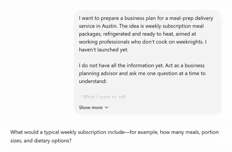 Gather your business information first - ChatGPT asking follow-up questions to fill information gaps