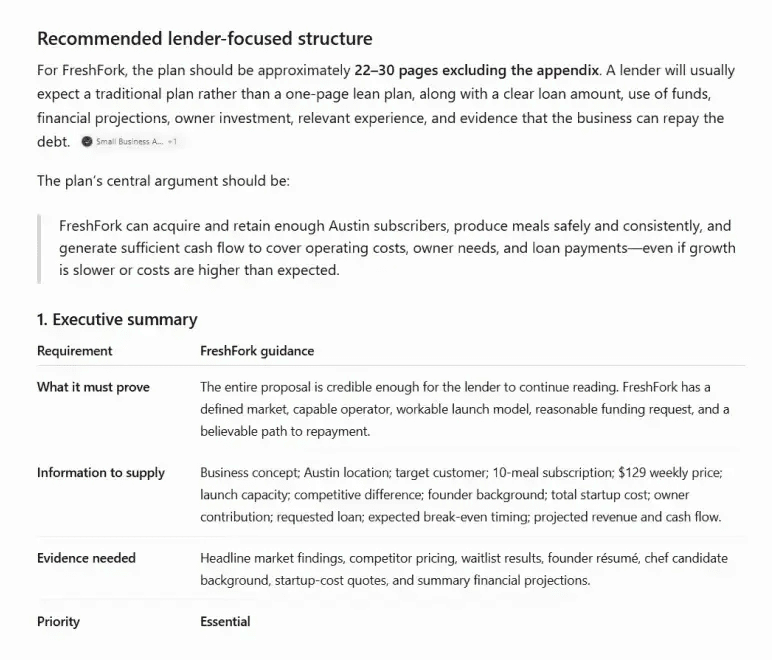 Choose the right business plan structure - ChatGPT-generated outline showing what each section needs