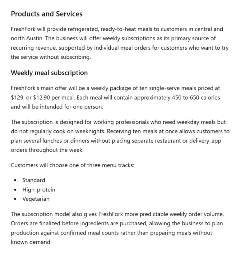 Products and services - ChatGPT-generated products and services section example