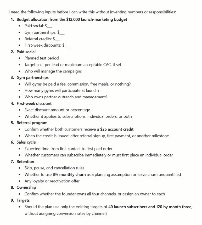 Marketing and sales plan - ChatGPT asking for missing budget and channel details