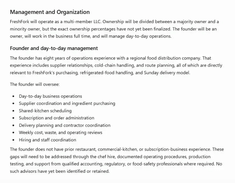 Management and organization - ChatGPT-generated team and roles section example