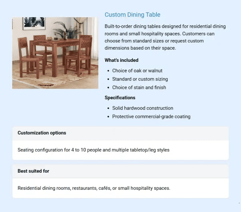Custom dining table product description example with included features and specifications