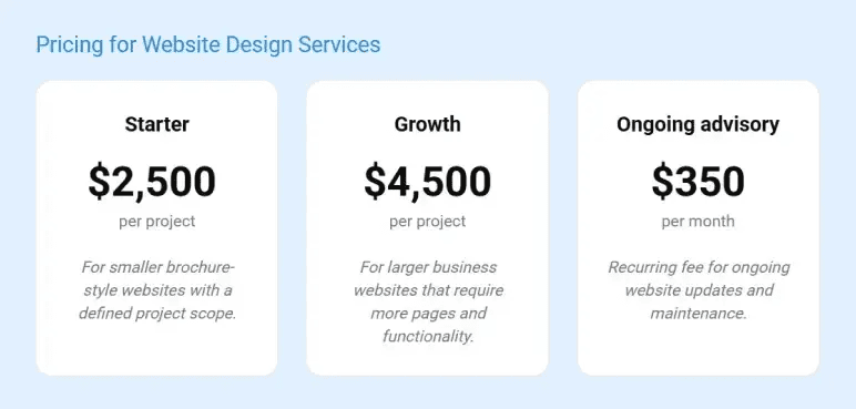 Website design services pricing example showing Starter, Growth, and Ongoing advisory tiers