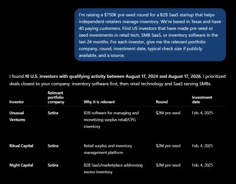 AI prompt result listing 10 US pre-seed investors with portfolio company, round, and investment date