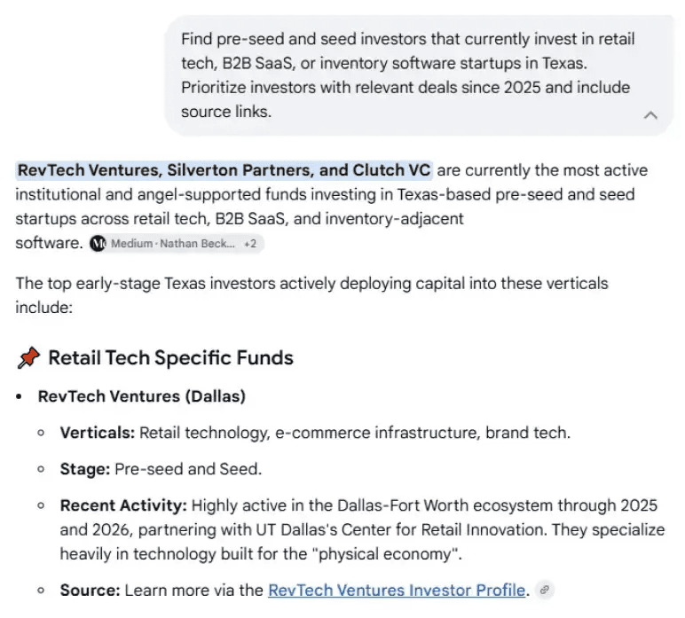 Google AI Mode results showing active Texas pre-seed and seed investors in retail tech and B2B SaaS