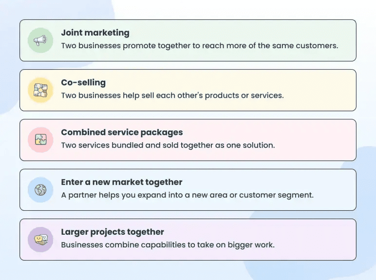 Strategic business partnership types including joint marketing, co-selling, and combined service packages