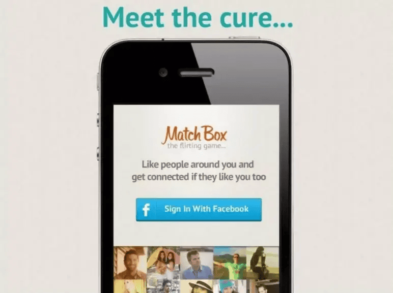 Tinder pitch deck slide 5 showing the cure on an iPhone 4 login screen