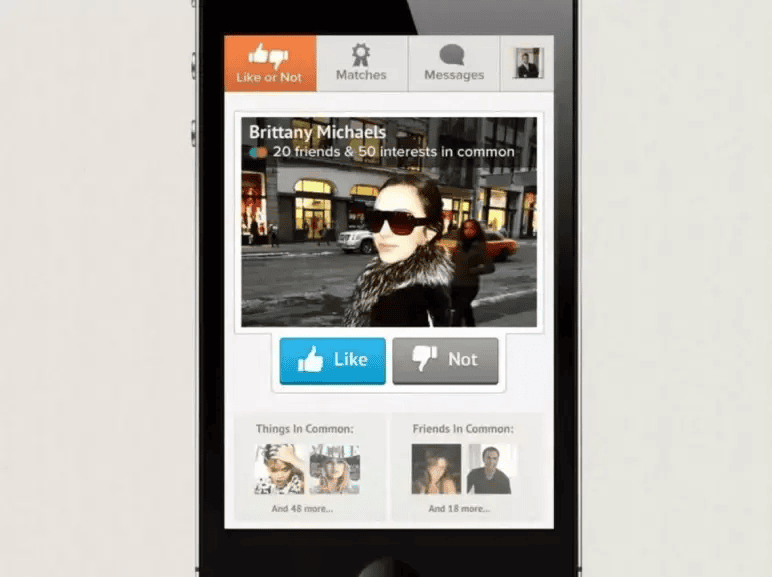 Tinder pitch deck slide 6 showing a profile card with like and pass buttons