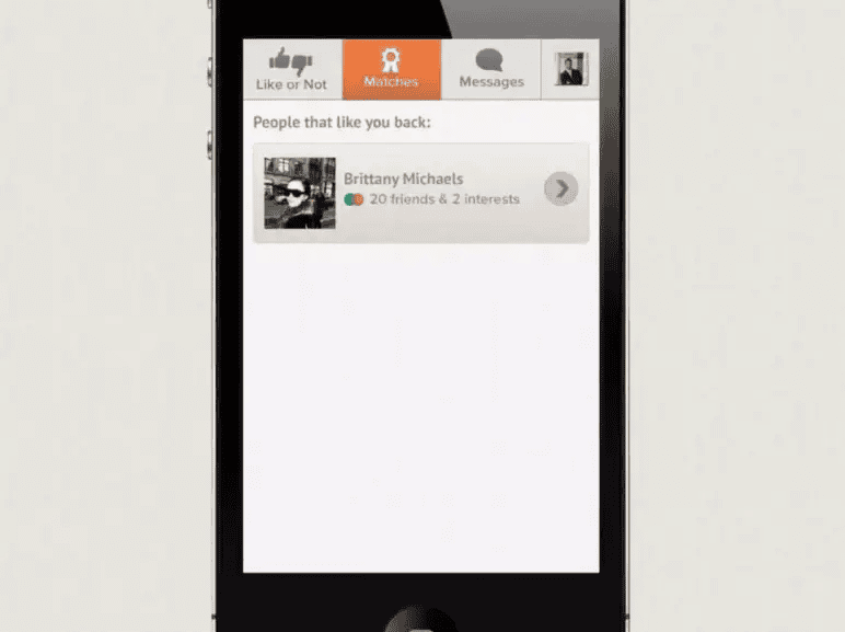 Tinder pitch deck slide 7 showing the matches tab for people that like you back