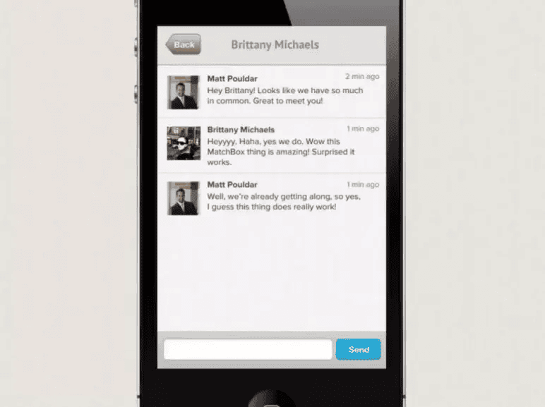 Tinder pitch deck slide 8 showing a chat between two matched users