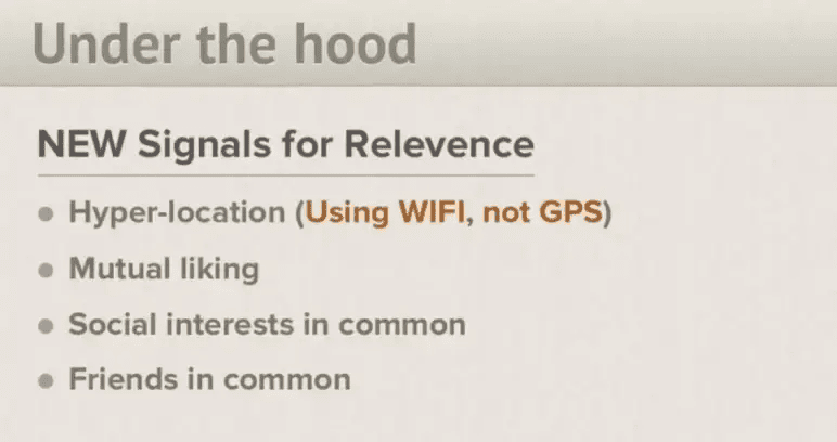 Tinder pitch deck slide 9 listing four ranking factors under the hood