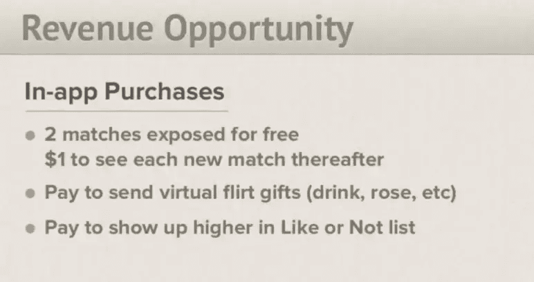Tinder pitch deck slide 10 outlining three revenue opportunities
