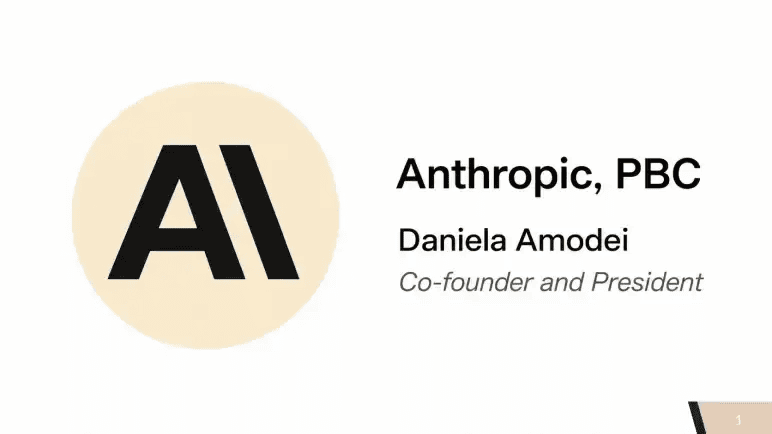 Anthropic pitch deck cover slide with the company logo and Daniela Amodei as presenter