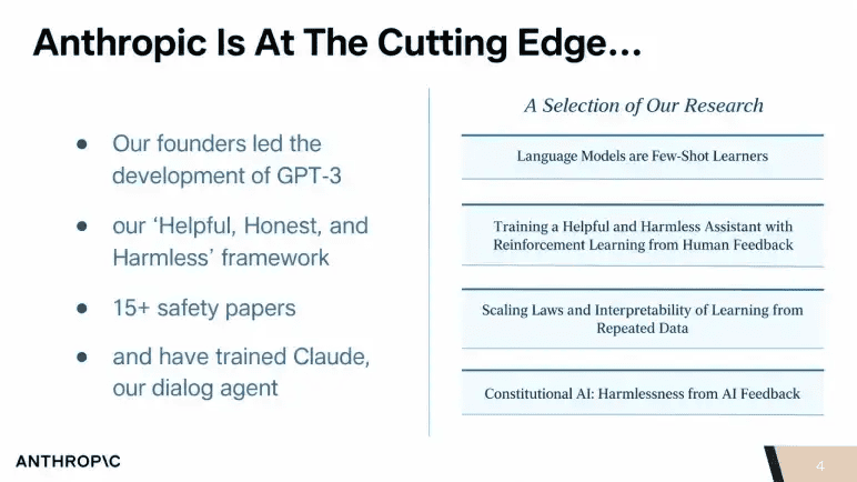 Anthropic pitch deck slide 4 listing the founders technical credentials and research papers