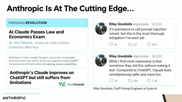 Anthropic pitch deck slide 5 showing press coverage and praise from outside voices
