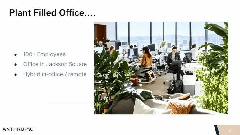 Anthropic pitch deck slide 9 with a photo of the plant-filled Jackson Square office