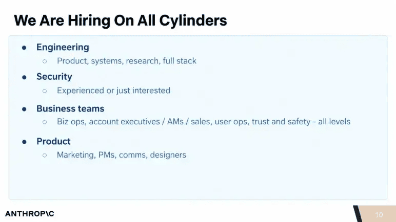 Anthropic pitch deck slide 10 listing open roles across the company