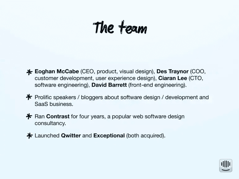 Intercom pitch deck team slide listing the four founders' credentials