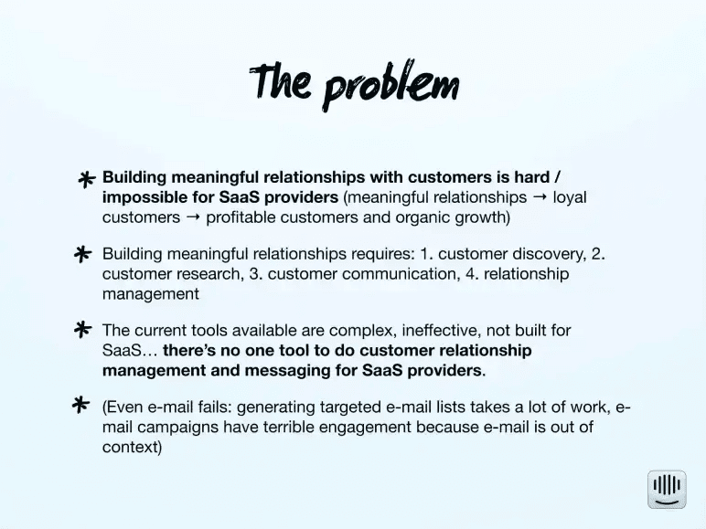 Intercom pitch deck problem slide framing customer relationships as four jobs