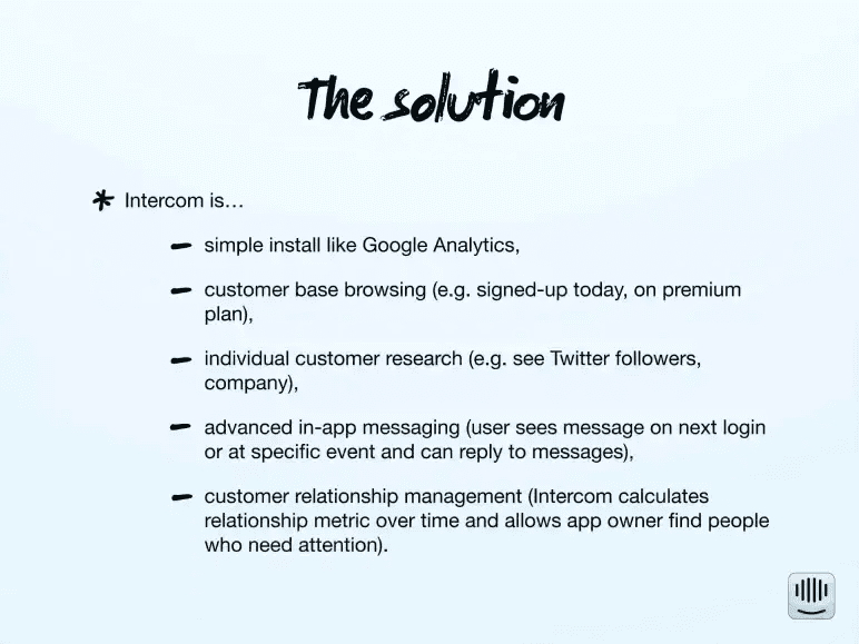 Intercom pitch deck solution slide with simple install like Google Analytics