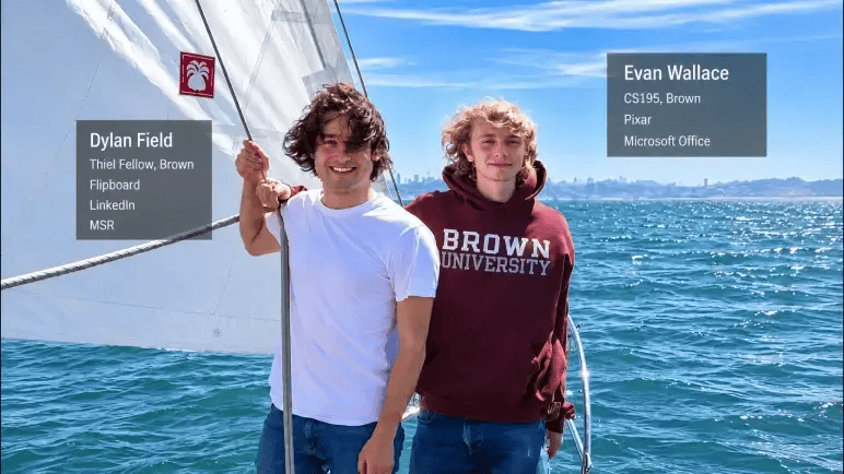 Figma founders Dylan Field and Evan Wallace on a sailboat with their credentials listed